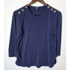 Lauren Ralph Lauren Women PL Petite Large Navy Shirt Gold Button Trim 3/4 Sleeve